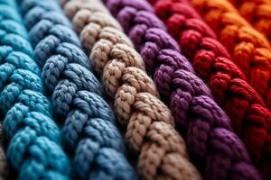 Macro perspective showcasing complex texture in multi colored knitted wool backgrounds photo