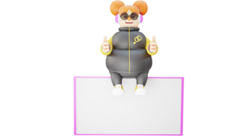 3D Illustration. Smart Student 3D Cartoon Character. The adorable student is sitting on a white blackboard. Students use a jacket and prepare to attend sports lessons. 3D cartoon character png