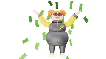 3D Illustration. Rich Girl 3D cartoon character. Rich girl standing under dollar money. A happy girl who stretched out her hands up while showing her happy smile. 3D cartoon character png