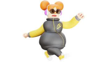 3D Illustration. Cute girl 3D cartoon character. The girl with a pose stepped. The adorable girl who wears a jacket will go exercise. The fat girl who looks happy. 3D cartoon character png