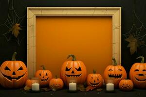 A template featuring grainy texture, framed Halloween pumpkins with varied expressions AI Generated photo