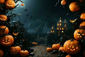 Halloweens 3D rendering Witchs castle, bats, pumpkins, and spooky tree AI Generated photo