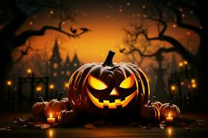 Glowing pumpkin lantern on wooden table in Halloween setting AI Generated photo