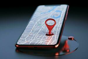 Navigation concept. 3D smartphone features striking red map pointer AI Generated photo