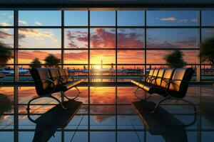 ventana a Salidas, aeropuerto esperando habitación ofertas moderno comodidad con vuelo puntos de vista ai generado foto