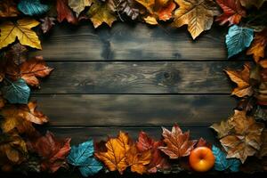 Rustic autumn tableau, Leaves frame atop vintage wood, orange, yellow hues AI Generated photo