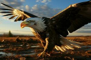 Sunlit field frames a close up of a powerful and regal eagle AI Generated photo