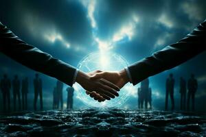 Collaborative spirit, Skyward icons represent unity, hands joined for cooperation AI Generated photo