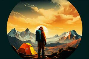 First light of dawn graces an orange tent nestled in mountains AI Generated photo