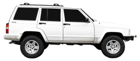 Side view white suv car with mud stains png