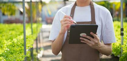 Asian man farmer looking organic vegetables and holding tablet for checking orders or quality farm photo