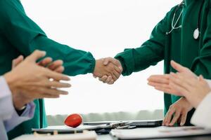 Team Doctors nurses union coordinate hands Teamwork Concept in hospital for success and trust in team. photo