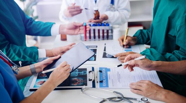 médico tecnología red equipo reunión concepto. médico mano trabajando con inteligente teléfono moderno digital tableta y ordenador portátil computadora con gráficos gráfico interfaz, con virtual icono diagrama foto