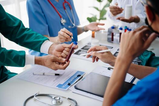 médico tecnología red equipo reunión concepto. médico mano trabajando con inteligente teléfono moderno digital tableta y ordenador portátil computadora con gráficos gráfico interfaz, con virtual icono diagrama foto