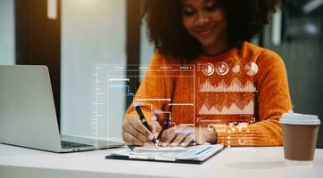 Businesswoman hand Project manager working and update tasks and Gantt chart scheduling virtual diagram.with smart phone, tablet and laptop photo