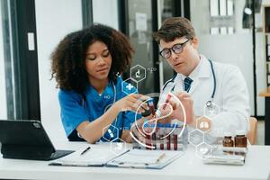 Medical Research Laboratory Portrait of Two African American Scientists Working Using Digital Tablet Analyzin Medicine Biotechnology with VR icon photo