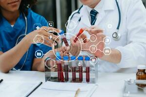 Medical Research Laboratory Portrait of Two African American Scientists Working Using Digital Tablet Analyzin Medicine Biotechnology with VR icon photo