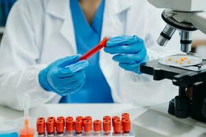 Modern medical research laboratory. female scientist working with micro pipettes analyzing biochemical samples, advanced science chemical laboratory photo