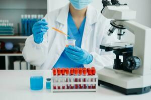 Modern medical research laboratory. female scientist working with micro pipettes analyzing biochemical samples, advanced science chemical laboratory photo