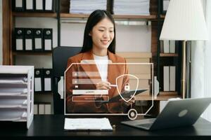 Cyber security concept, Login, User, identification information security and encryption, secure access to user's personal information woman using smart phone and tablet photo