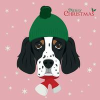 Christmas greeting card. English Setter dog wearing a green woolen cap and a red woolen scarf for winter vector