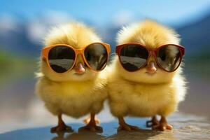 Farmings youngest, small chick dons sunglasses, soft and charming AI Generated photo