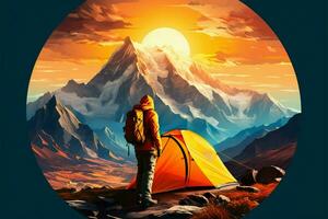 Early morning in the mountains, an orange tent radiates comfort AI Generated photo