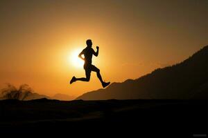 joven del hombre silueta corriendo en contra un montaña atardecer, representando un activo vida ai generado foto
