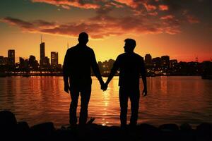 en un playa ciudades atardecer, gay de los hombres siluetas sostener manos, celebrando ai generado foto