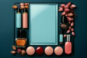 Empty frame amidst an array of beauty products in stylish arrangement AI Generated photo