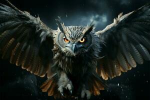 Regal owl glides gracefully, wings spread wide, a mesmerizing spectacle AI Generated photo