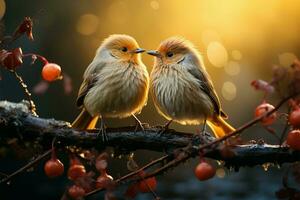 A harmonious duo of birds perched peacefully side by side AI Generated photo