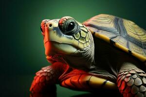 un alto res imagen de un sabio verde Tortuga en un vívido rojo fondo ai generado foto