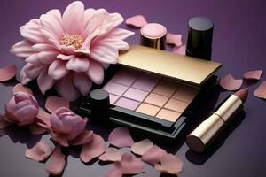 un surtido de productos cosméticos y un flor en un púrpura superficie ai generado foto
