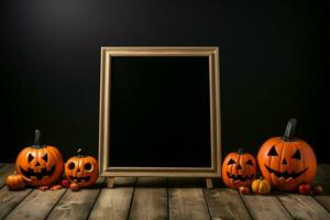 Chalkboard stand features Halloween pumpkins on a black background, wooden floor AI Generated photo