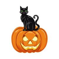 A black cat with green eyes sits on top of a jack o lantern. Cute animal and pumpkin. Traditional symbol and design element for Halloween celebration. Vector illustration.