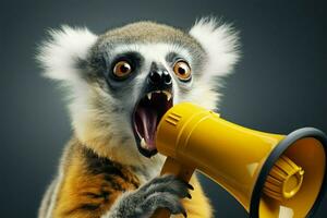 Hilarious lemur with a yellow loudspeaker, a creative and attention grabbing concept AI Generated photo