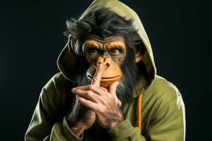 Silent monkey man gestures hush, adding intrigue to its mysterious demeanor AI Generated photo