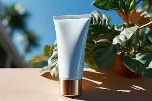 Sunscreen tube resting near a lush potted plant, sun protection AI Generated photo