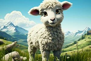 Whimsical sheep character amidst a picturesque, green grassy landscape AI Generated photo