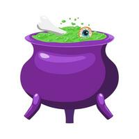 Halloween cauldron with boiling potion bone and eye. Traditional symbol and design element for Halloween celebration. Isolated witch pot graphic template. Vector illustration.