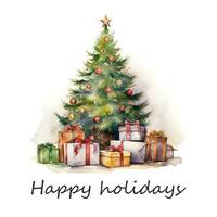 tarjeta con acuarela Navidad árbol con regalo cajas y juguetes acuarela Clásico verde clásico Navidad árbol. fiesta ilustración para diseño, imprimir, tela o antecedentes. generativo ai foto