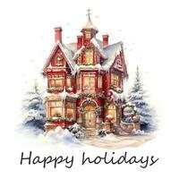 Greeting card with Christmas home decoration, Christmas house. Watercolor. Holiday illustration for design, print, fabric or background. Generative ai photo