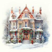 Christmas home decoration, Christmas house. Watercolor. Holiday illustration for design, print, fabric or background. Generative ai photo