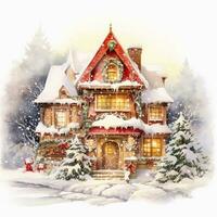 Christmas home decoration, Christmas house. Watercolor. Holiday illustration for design, print, fabric or background.Generative ai photo