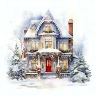 Christmas home decoration, Christmas house. Watercolor. Holiday illustration for design, print, fabric or background. Generative ai photo