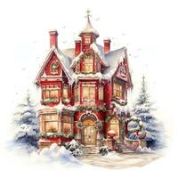 Christmas home decoration, Christmas house. Watercolor. Holiday illustration for design, print, fabric or background. Generative ai photo