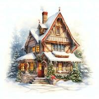 Christmas home decoration, Christmas house. Watercolor. Holiday illustration for design, print, fabric or background. Generative ai photo