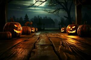 Carved pumpkins grace a wooden table in a Halloween tableau AI Generated photo