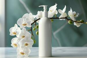 Lotion bottle and white orchid create a soothing, elegant pairing AI Generated photo